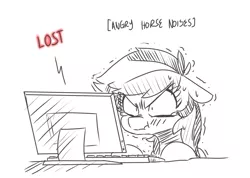 Size: 1209x859 | Tagged: dead source, safe, artist:xieril, derpibooru import, rainbow dash, pony, angry, angry horse noises, computer, descriptive noise, female, horse noises, mare, monochrome, rage, rage quit, scrunchy face, simple background, solo, text, white background