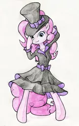 Size: 1201x1920 | Tagged: anthro, artist:gezawatt, bowtie, clothes, colored, derpibooru import, dress, elegant, hat, looking at you, painting, pinkie pie, safe, smiling, solo, traditional art