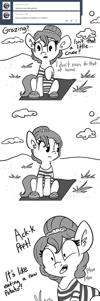Size: 726x2178 | Tagged: safe, artist:tjpones, derpibooru import, oc, oc:brownie bun, unofficial characters only, earth pony, pony, horse wife, ask, beach, clothes, cloud, dialogue, disgusted, ear fluff, female, grayscale, grazing, horses doing horse things, mare, monochrome, onomatopoeia, raised hoof, simple background, sitting, solo, swimsuit, tumblr, white background