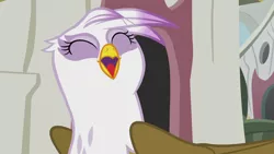 Size: 1920x1080 | Tagged: safe, derpibooru import, screencap, gilda, gryphon, the lost treasure of griffonstone, behaving like a bird, birb, birds doing bird things, catbird, cute, eyes closed, faic, female, gilda is amused, gildadorable, griffons doing bird things, griffonstone, happy, image, laughing, open mouth, png, smiling, solo, when she smiles