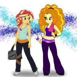 Size: 3467x3467 | Tagged: safe, artist:skycatcherequestria, derpibooru import, adagio dazzle, sunset shimmer, equestria girls, belly button, clothes, cute, female, fitness, high res, lesbian, midriff, realistic proportions, shipping, shoes, show accurate, simple background, sneakers, sunsagio, tanktop, towel, transparent background, water bottle, workout outfit