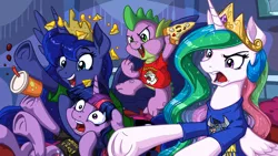 Size: 2400x1350 | Tagged: safe, artist:latecustomer, derpibooru import, bulk biceps, iron will, princess celestia, princess luna, spike, twilight sparkle, twilight sparkle (alicorn), alicorn, pony, bulkamania, chokehold, choking, clothes, cute, female, frog (hoof), hat, mare, nacho hat, nachos, nose wrinkle, pizza, shirt, t-shirt, underhoof, wallpaper