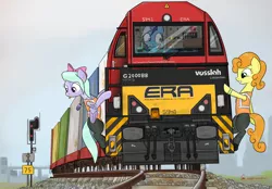 Size: 3508x2448 | Tagged: safe, artist:orang111, derpibooru import, carrot top, flitter, golden harvest, minuette, clothes, g2000bb, hanging, locomotive, tattoo, tongue out, train, uniform, vossloh g2000bb