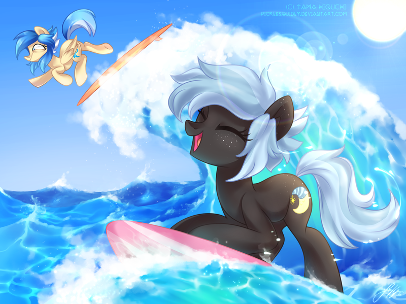 Size: 1644x1230 | Tagged: safe, artist:picklesquidly, derpibooru import, oc, oc:cosmic chrome, oc:high tide, unofficial characters only, earth pony, pegasus, pony, contest, summer, surfboard, surfing