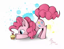 Size: 1024x795 | Tagged: artist:animestrife009, cherry, cupcake, cute, derpibooru import, diapinkes, ear fluff, face down ass up, paint splatter, pinkie pie, ponk, profile, safe, solo