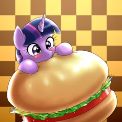 Size: 1000x1000 | Tagged: safe, artist:ushiro no kukan, derpibooru import, twilight sparkle, pony, abstract background, burger, checkered background, cute, food, hay burger, micro, nom, ponies in food, solo, twiabetes, twilight burgkle, ushiro is trying to murder us