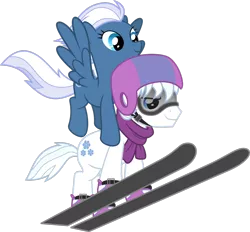 Size: 1600x1483 | Tagged: safe, artist:chainchomp2, derpibooru import, double diamond, night glider, earth pony, pegasus, pony, the cutie map, .svg available, carrying, clothes, cute, female, flying, goggles, helmet, male, mare, scarf, simple background, skiing, skiing helmet, skis, smiling, smirk, spread wings, stallion, transparent background, vector