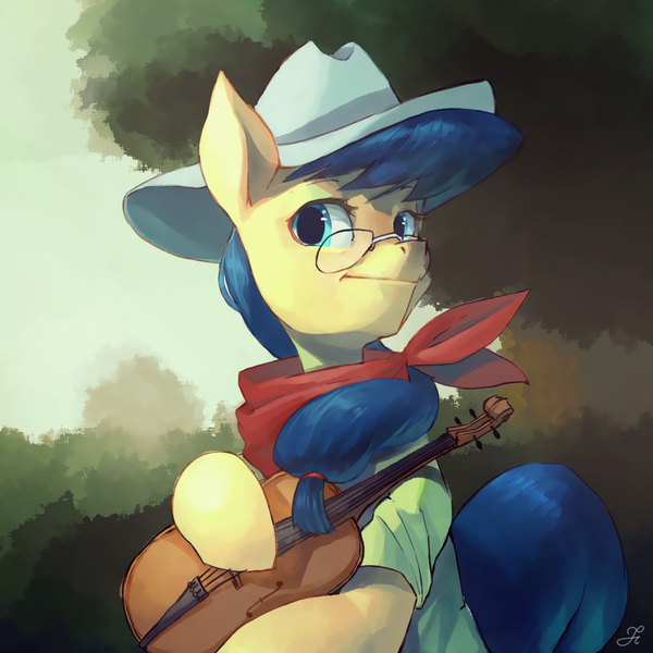 Size: 1024x1024 | Tagged: apple family member, artist:chung-sae, bandana, clothes, cowboy hat, derpibooru import, fiddle, fiddlesticks, glasses, hat, musical instrument, safe, shirt, solo