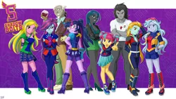 Size: 1920x1080 | Tagged: safe, artist:uotapo, derpibooru import, discord, king sombra, lemon zest, lightning dust, queen chrysalis, sci-twi, sour sweet, sugarcoat, sunny flare, twilight sparkle, equestria girls, friendship games, boots, clothes, crystal prep academy, crystal prep shadowbolts, equestria girls-ified, fingerless gloves, glasses, gloves, gold tooth, high heels, speculation, wallpaper, wine glass
