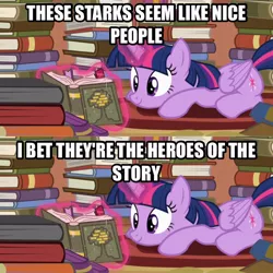 Size: 606x606 | Tagged: safe, derpibooru import, edit, edited screencap, screencap, twilight sparkle, twilight sparkle (alicorn), alicorn, pony, a song of ice and fire, book, caption, female, game of thrones, image macro, mare, meme, obligatory pony, solo, this will end in tears