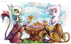 Size: 1246x766 | Tagged: dead source, safe, artist:matrosha123, derpibooru import, gilda, greta, gryphon, the lost treasure of griffonstone, cloud, eating, female, friendship, frown, griffon scone, open mouth, puffy cheeks, sitting, smiling, table, wide eyes