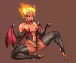 Size: 1500x1250 | Tagged: suggestive, artist:i am nude, derpibooru import, sunset shimmer, demon, equestria girls, clothes, feet, fingerless gloves, fire, gloves, grin, latex, looking at you, piercing, solo, sunset satan, wings