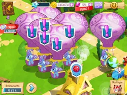 Size: 1024x768 | Tagged: safe, derpibooru import, trixie, pony, unicorn, exclamation point, female, french, gameloft, gameloft clones, glitch, hot air balloon, leaning, mare, multeity, screenshots, trixie army