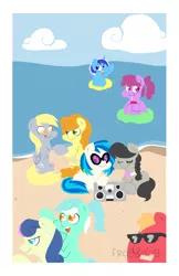 Size: 750x1159 | Tagged: safe, artist:coggler, artist:frog&cog, derpibooru import, berry punch, berryshine, big macintosh, bon bon, carrot top, derpy hooves, golden harvest, lyra heartstrings, minuette, octavia melody, sweetie drops, vinyl scratch, earth pony, pegasus, pony, unicorn, :t, adorabon, alternate hairstyle, beach, berrybetes, bowtie, cloud, cute, cutie top, derpabetes, drink, drinking, eyes closed, female, floating, floaty, glasses, hoof hold, juice box, lesbian, licking lips, lineless, looking at you, lyrabetes, lyrabon, macabetes, male, mare, minubetes, open mouth, prone, radio, sandcastle, scratchtavia, shipping, signature, sitting, smiling, smiling at you, stallion, sunglasses, tavibetes, tongue out, vinyl, vinylbetes, wall of tags, water