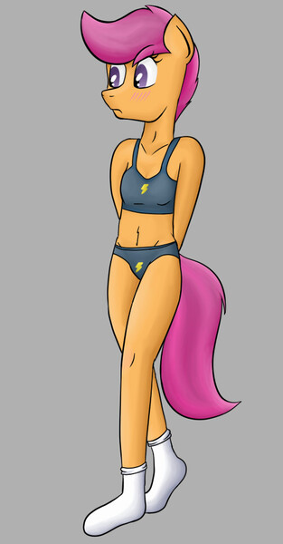 Size: 500x960 | Tagged: anthro, artist:floret, blue underwear, blushing, bra, breasts, clothes, crop top bra, delicious flat chest, derpibooru import, female, panties, pettanko, scootaflat, scootaloo, socks, solo, solo female, suggestive, underwear