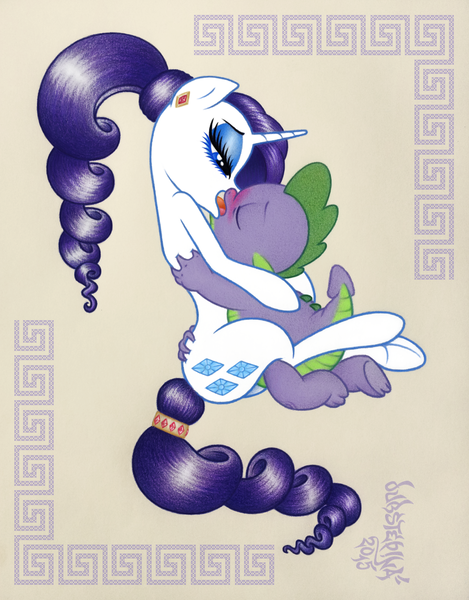 Size: 2401x3074 | Tagged: suggestive, artist:dubstepina, derpibooru import, rarity, spike, dragon, pony, unicorn, alternate hairstyle, blushing, female, foalcon, french kiss, interspecies, kissing, male, shipping, sparity, straight, straight shota