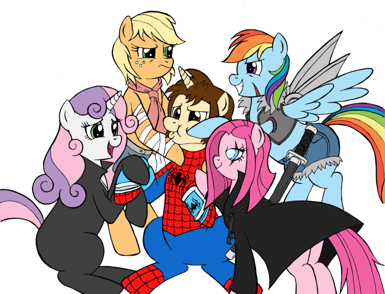 Size: 3293x2513 | Tagged: applejack, artist:edcom02, artist:jmkplover, blind eye, catsuit, crossover, derpibooru import, gauntlet, katana, older, peter parker, pinkie pie, ponified, rainbow dash, safe, simple background, spider-man, spiders and magic iii: days of friendship past, spiders and magic: rise of spider-mane, sweetie belle, sword, transparent background, weapon