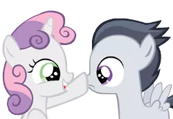 Size: 1023x703 | Tagged: artist:lunaticdawn, boop, cute, derpibooru import, female, frown, male, open mouth, rumbelle, rumble, safe, shipping, simple background, smiling, straight, sweetie belle, transparent background, wide eyes