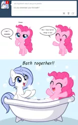 Size: 500x794 | Tagged: artist:apzzang, ask, ask frigid drift, ask-grow-pinkie, bath, bathtub, bubble bath, claw foot bathtub, cute, derpibooru import, female, filly, filly pinkie pie, oc, oc:frigid drift, pinkie pie, safe, tumblr