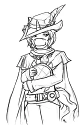 Size: 727x1098 | Tagged: safe, artist:suiish, derpibooru import, oc, oc:sugary market, unofficial characters only, anthro, turtle, unicorn, anthro oc, clothes, commission, final fantasy, lineart, monochrome, red mage, sketch, solo