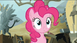 Size: 900x506 | Tagged: animated, contemplating insanity, derp, derpibooru import, madame le flour, party of one, pinkamena diane pie, pinkie pie, safe, screencap, sir lintsalot, the lost treasure of griffonstone
