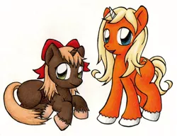 Size: 1000x768 | Tagged: safe, artist:rya mcshme, derpibooru import, oc, oc:dreamsicle, oc:pembroke, unofficial characters only, pony, unicorn, hair bow, simple background, traditional art