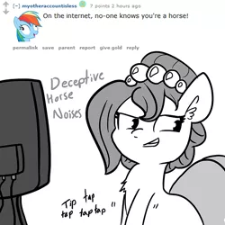 Size: 726x726 | Tagged: safe, artist:tjpones, derpibooru import, rainbow dash, oc, oc:brownie bun, horse wife, computer, descriptive noise, horse noises, meme, monochrome, not what it looks like, on the internet nobody knows you're a dog, onomatopoeia, reddit, tapping, typing