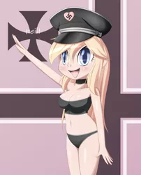 Size: 1316x1631 | Tagged: suggestive, artist:aryanne, derpibooru import, oc, oc:aryanne, unofficial characters only, human, armpits, bandeau, bare shoulders, belly button, black underwear, blushing, bra, breasts, cleavage, clothes, female, hat, heil, humanized, humanized oc, image, iron cross, jpeg, nazi, open mouth, panties, sieg heil, smiling, solo, solo female, swastika, underwear
