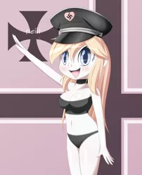 Size: 1316x1631 | Tagged: suggestive, artist:aryanne, derpibooru import, oc, oc:aryanne, unofficial characters only, equestria girls, armpits, bandeau, belly button, black underwear, blushing, bra, breasts, cleavage, clothes, female, hat, heil, humanized, humanized oc, nazi, panties, solo, solo female, swastika, underwear