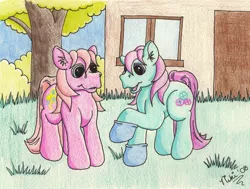 Size: 2092x1582 | Tagged: artist:kohala8, clothes, derpibooru import, g3, minty, pinkie pie, safe, socks, traditional art