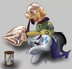 Size: 3497x3350 | Tagged: semi-grimdark, artist:dombrus, derpibooru import, daring do, rarity, asphyxiation, belt, bondage, breathplay, damsel in distress, execution, hourglass, plastic bag, story included, suffocating, tied up, underhoof