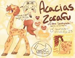 Size: 2249x1749 | Tagged: safe, artist:anamcpancake, derpibooru import, oc, oc:acacias zarafu, unofficial characters only, giraffe, bifurcated hooves, blushing, brown eyes, long legs, long neck, ossicones, reference sheet, scar, smiling, tail wrap, tongue out