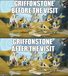 Size: 490x554 | Tagged: safe, derpibooru import, edit, edited screencap, screencap, giselle, irma, natalya, gryphon, the lost treasure of griffonstone, before and after, comparison, drama bait, griffonstone, image macro, meme