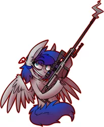 Size: 761x926 | Tagged: semi-grimdark, artist:dr-idiot, derpibooru import, oc, oc:sapphire sights, unofficial characters only, pegasus, pony, fallout equestria, barrett 98b, chest fluff, diaries of a sniperpony, ear fluff, female, fluffy, gun, hooves, insanity, mare, open mouth, optical sight, rifle, simple background, smoke, sniper, sniper rifle, solo, spread wings, teeth, weapon, white background, wings