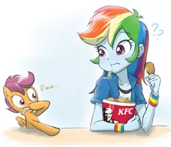 Size: 865x746 | Tagged: safe, artist:ta-na, derpibooru import, rainbow dash, scootaloo, pegasus, pony, equestria girls, cannibalism joke, chicken wings, disgusted, eating, female, filly, food, frightened, implied cannibalism, kfc, meat, scared, scootachicken, shocked