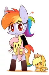 Size: 1300x2000 | Tagged: safe, artist:joycall6, derpibooru import, applejack, fluttershy, rainbow dash, pony, bipedal, clothes, heart, pleated skirt, plushie, ponytail, school uniform, schoolgirl, skirt, socks, zettai ryouiki