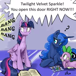 Size: 1198x1200 | Tagged: safe, artist:silfoe, derpibooru import, princess luna, spike, twilight sparkle, twilight sparkle (alicorn), alicorn, pony, royal sketchbook, book, dialogue, female, lesbian, mare, prone, question mark, reading, shipping, twiluna, wide eyes, yelling