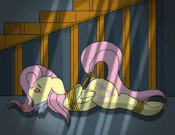 Size: 3300x2550 | Tagged: arm behind back, artist:ryuseihikari, basement, blushing, bondage, bound wings, cloth gag, derpibooru import, dock, female, fluttershy, gag, implied rape, kidnapped, light, plot, prone, rope, rope bondage, sad, semi-grimdark, solo, solo female, staircase, stairs, struggle, struggling, suggestive, tail holder, tail wrap, underhoof