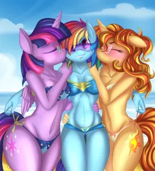 Size: 1200x1322 | Tagged: suggestive, artist:falleninthedark, derpibooru import, rainbow dash, sunset shimmer, twilight sparkle, twilight sparkle (alicorn), anthro, beach, belly button, bikini, blushing, breasts, clothes, commission, female, glasses, imminent nudity, kiss on the cheek, kiss sandwich, kissing, lesbian, lip bite, ot3, rainbow dash gets all the mares, rainbow sunlight, shipping, side knot underwear, side-tie bikini, sunglasses, sunsetdash, swimsuit, thigh gap, twidash, twisetdash, underwear