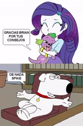 Size: 424x639 | Tagged: safe, derpibooru import, edit, rarity, spike, dog, equestria girls, brian griffin, comic strip, crossover, family guy, female, male, meme, shipping, spanish, sparity, spike the dog, straight, wat