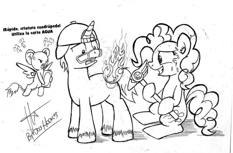 Size: 960x632 | Tagged: artist needed, derpibooru import, kerberos, monochrome, oc, oc:cafita, pinkie pie, safe, spanish