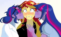 Size: 720x447 | Tagged: safe, artist:theigi, derpibooru import, sci-twi, sunset shimmer, twilight sparkle, twilight sparkle (alicorn), equestria girls, blushing, counterparts, fanfic art, female, kiss on the cheek, kiss sandwich, kissing, lesbian, love triangle, ot3, polyamory, scitwishimmer, shipping, shocked, sunset twiangle, sunsetsparkle, this will end in polygamy, twilight's counterparts, twolight