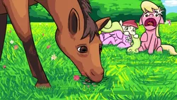 Size: 1280x720 | Tagged: artist:unsavorydom, daisy, derpibooru import, eating, eyes closed, floppy ears, flower, flower in hair, flower trio, flower wishes, frown, grazing, horse, horse-pony interaction, horses doing horse things, lily, lily valley, mlpgdraws, open mouth, prone, raised hoof, roseluck, safe, scared, screaming, sitting, the horror, wide eyes