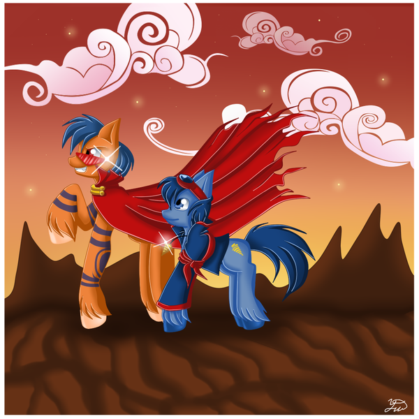 Size: 1000x1000 | Tagged: safe, artist:yuki-orin, derpibooru import, ponified, earth pony, pony, cape, clothes, cloud, cloudy, core drill, cutie mark, goggles, hooves, jacket, kamina, kamina sunglasses, raised hoof, simon, smiling, stars, sunset, teeth, tengen toppa gurren lagann, unshorn fetlocks