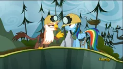 Size: 1920x1080 | Tagged: safe, derpibooru import, screencap, gimme moore, rainbow dash, gryphon, the lost treasure of griffonstone, discovery family logo, greedy, hard hat, hat, open mouth, scrunchy face