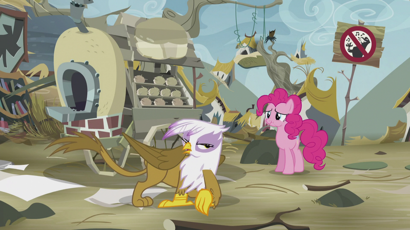 Size: 1920x1080 | Tagged: safe, derpibooru import, screencap, gilda, pinkie pie, gryphon, pony, the lost treasure of griffonstone, animation error, duo, female, griffon scone, griffonstone, mare, scrunchy face