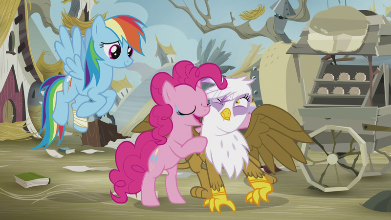 Size: 1920x1080 | Tagged: safe, derpibooru import, screencap, gilda, pinkie pie, rainbow dash, gryphon, the lost treasure of griffonstone, animation error, hug