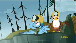 Size: 1920x1080 | Tagged: safe, derpibooru import, screencap, gimme moore, rainbow dash, gryphon, the lost treasure of griffonstone, discovery family logo, hard hat, hat