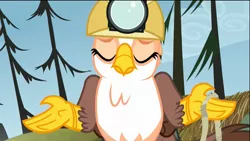 Size: 1920x1080 | Tagged: safe, derpibooru import, screencap, gimme moore, gryphon, the lost treasure of griffonstone, eyes closed, hard hat, hat, rope, shallow, shrug, solo