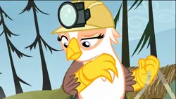 Size: 1920x1080 | Tagged: safe, derpibooru import, screencap, gimme moore, gryphon, the lost treasure of griffonstone, frown, hard hat, hat, looking at something, looking down, raised eyebrow, rope, solo